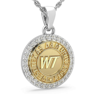 249 Eternity WTAMU Necklace | West Texas A&M University with a gold and silver pendant surrounded by stones.