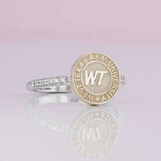 WHITE GOLD WEST TEXAS A&M UNIVERSITY GRADUATION CLASS RING WITH YELLOW GOLD SEAL AND DIAMONDS ON BAND