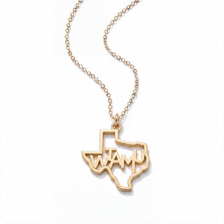 A gold necklace featuring a pendant shaped like the state of Texas, with the letters 'WAMU' cut out in the center, displayed on a clean white background.