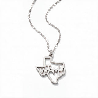 A silver necklace featuring a pendant shaped like the state of Texas, with the letters 'WAMU' cut out in the center, displayed on a clean white background.